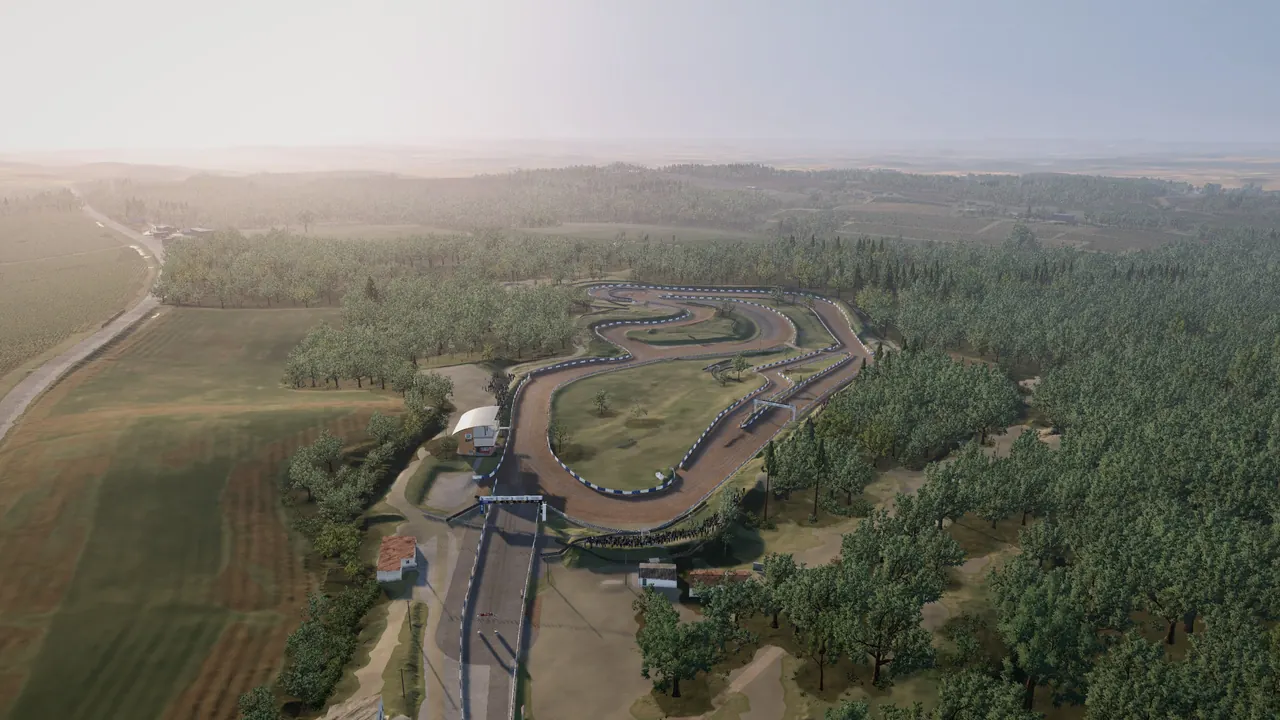 Aerial view of the Faleyras rallycross circuit, forest and fields
