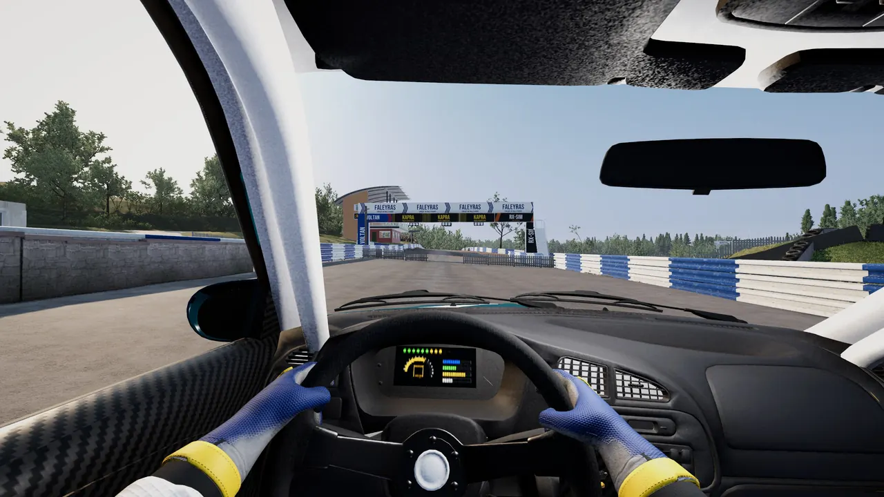 Cockpit view, gloved hands on the wheel, start gantry ahead