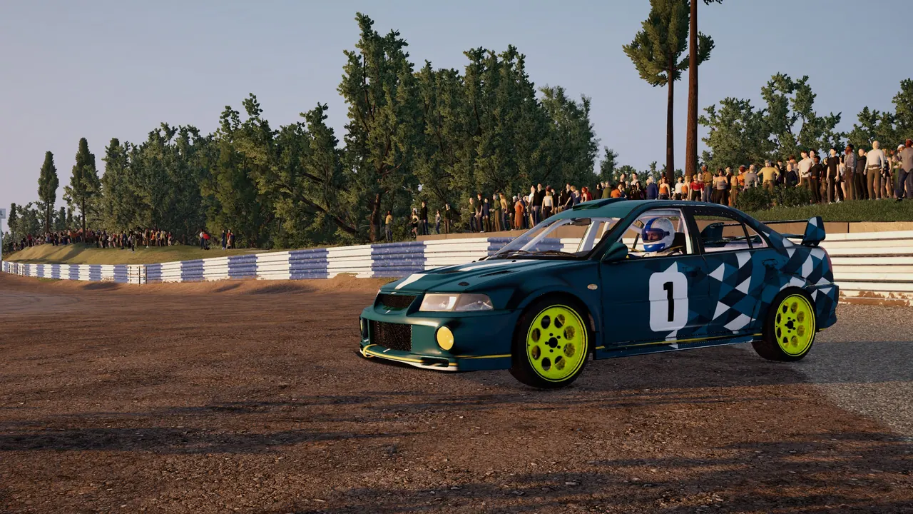 A 4WD rallycross Supercar on the Faleyras dirt track at sunset, spectators on the bank